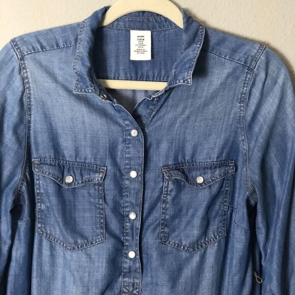 H&M Mama Maternity Denim Shirt Dress Womens Medium Pearl Snaps 3/4 Sleeve Boho - Picture 7 of 11